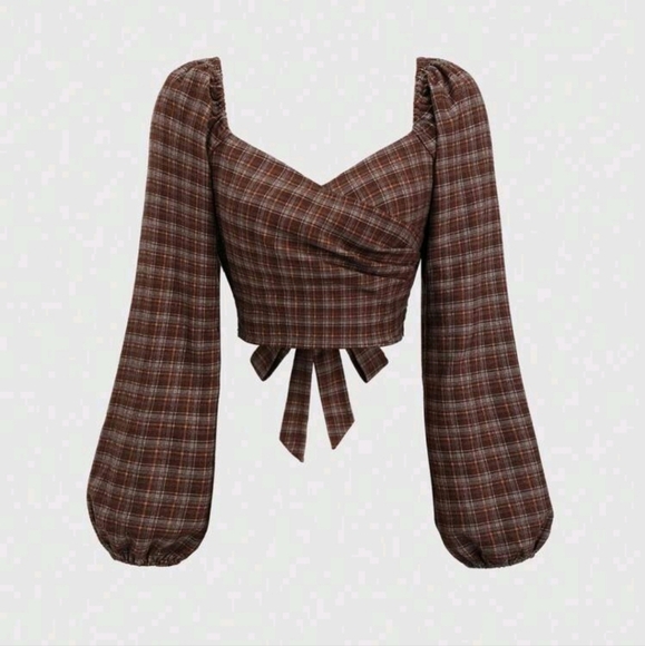 Tops - Women's Vintage Elegant Plaid Bow Tie Waist Slim Fit Lantern Sleeve Blouse